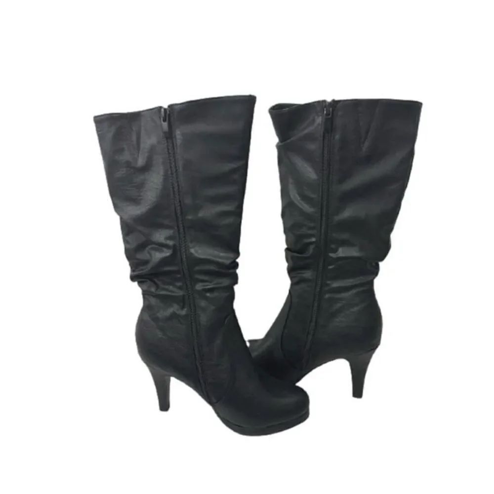 NWT Box Top Moda Page-43 Mid Calf Round Toe Slouched High Heel pu Leather Boots